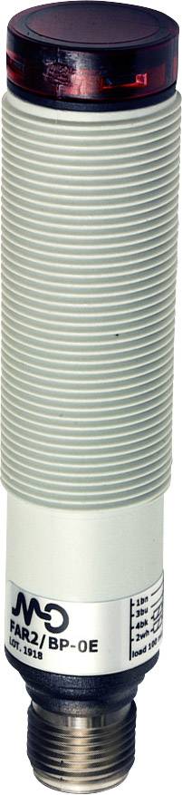Czujnik w kształcie cylindra z żebrowaną obudową i czerwoną nasadką. Numer modelu: FAE2/BP-0E.