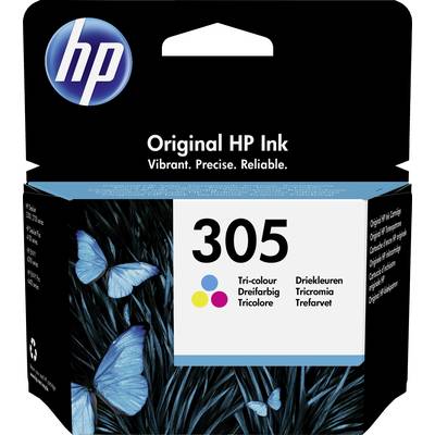 Nabój z tuszem HP 305 w trzech kolorach. Opakowanie przedstawia niebieskie motyle na ciemnym tle.