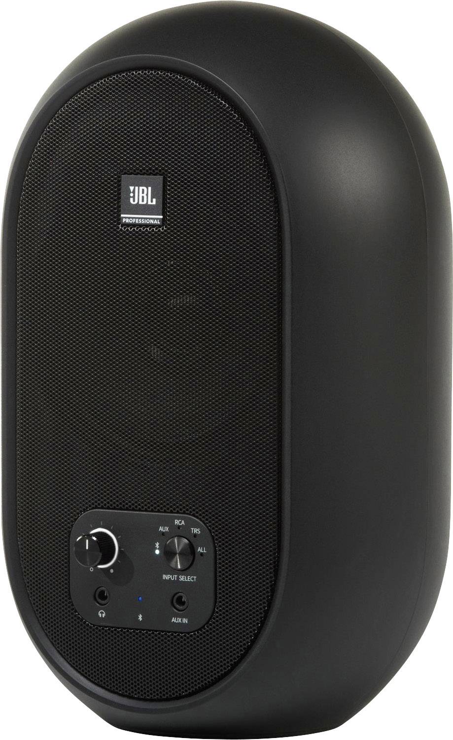 Czarny, owalny głośnik marki JBL z przyciskami sterującymi i złączami na przedniej ściance.