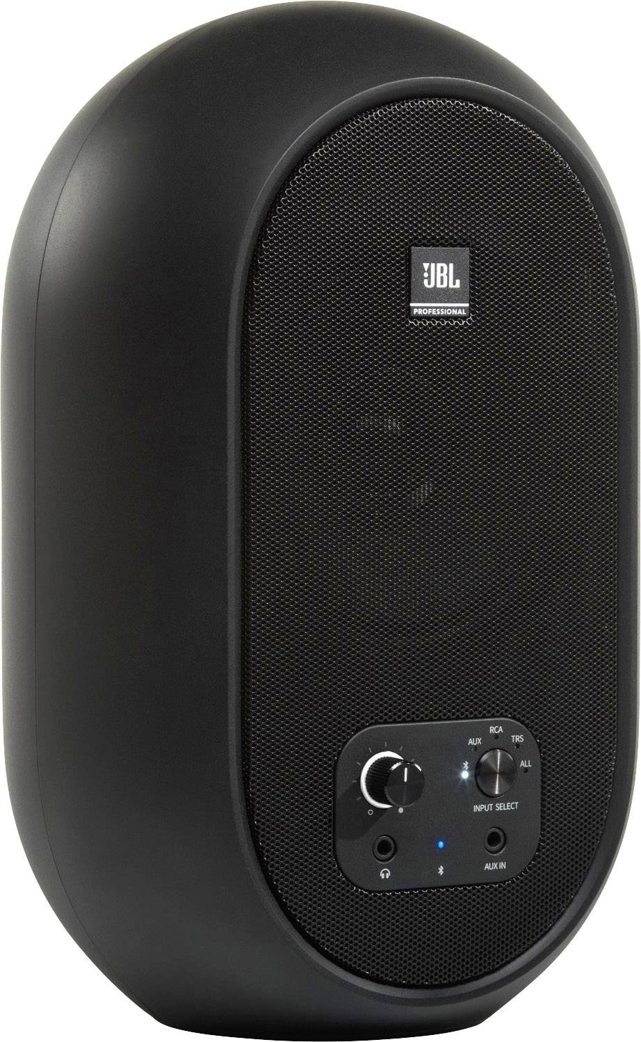 Czarny, owalny głośnik z logo 'JBL' na przedniej części. Na dole znajdują się pokrętła i złącza do podłączenia źródeł audio.