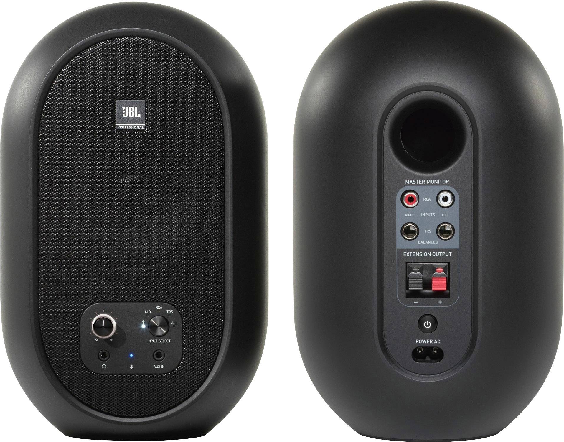 Czarno-szary przenośny głośnik, widok z przodu i z tyłu; z przodu z przyciskami sterującymi i logo marki, z tyłu z gniazdami przyłączeniowymi i pokrętłami kontrolnymi.