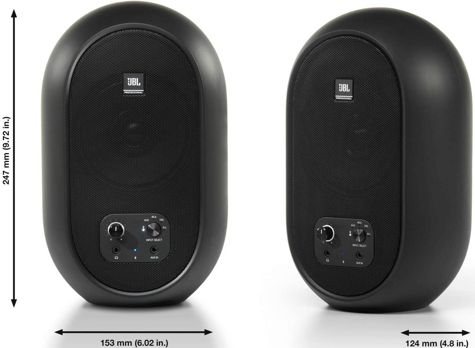 Dwa czarne głośniki, jeden po lewej stronie większy o wymiarach 247 mm x 153 mm, a drugi po prawej stronie mniejszy o wymiarach 247 mm x 124 mm.