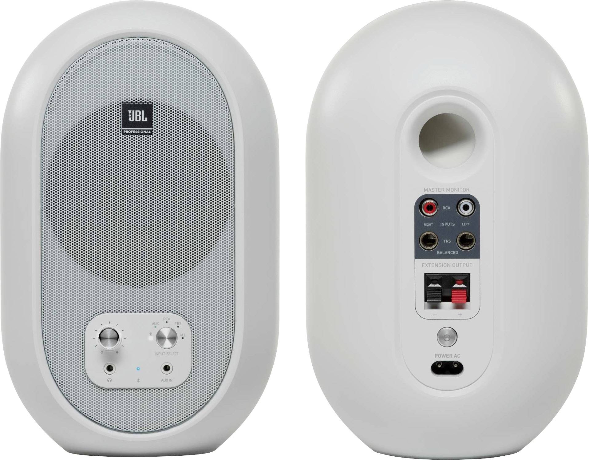 Dwa szare głośniki: Przedni prezentuje kratkę głośnika i przyciski, tylny - złącza i kanał bass-refleks.