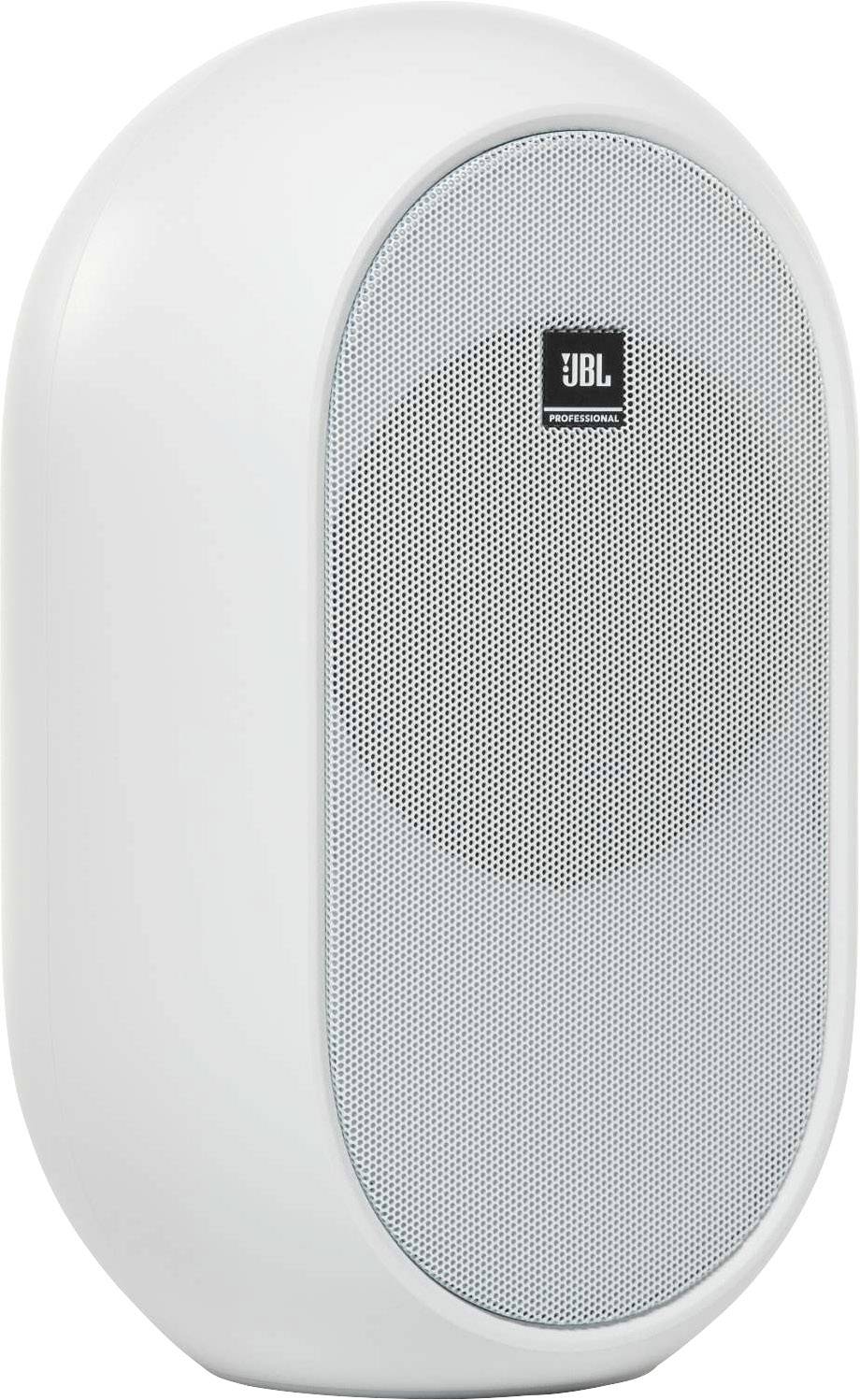 Owalny biały głośnik z szarą kratką i logo popularnej marki audio, na neutralnym tle.