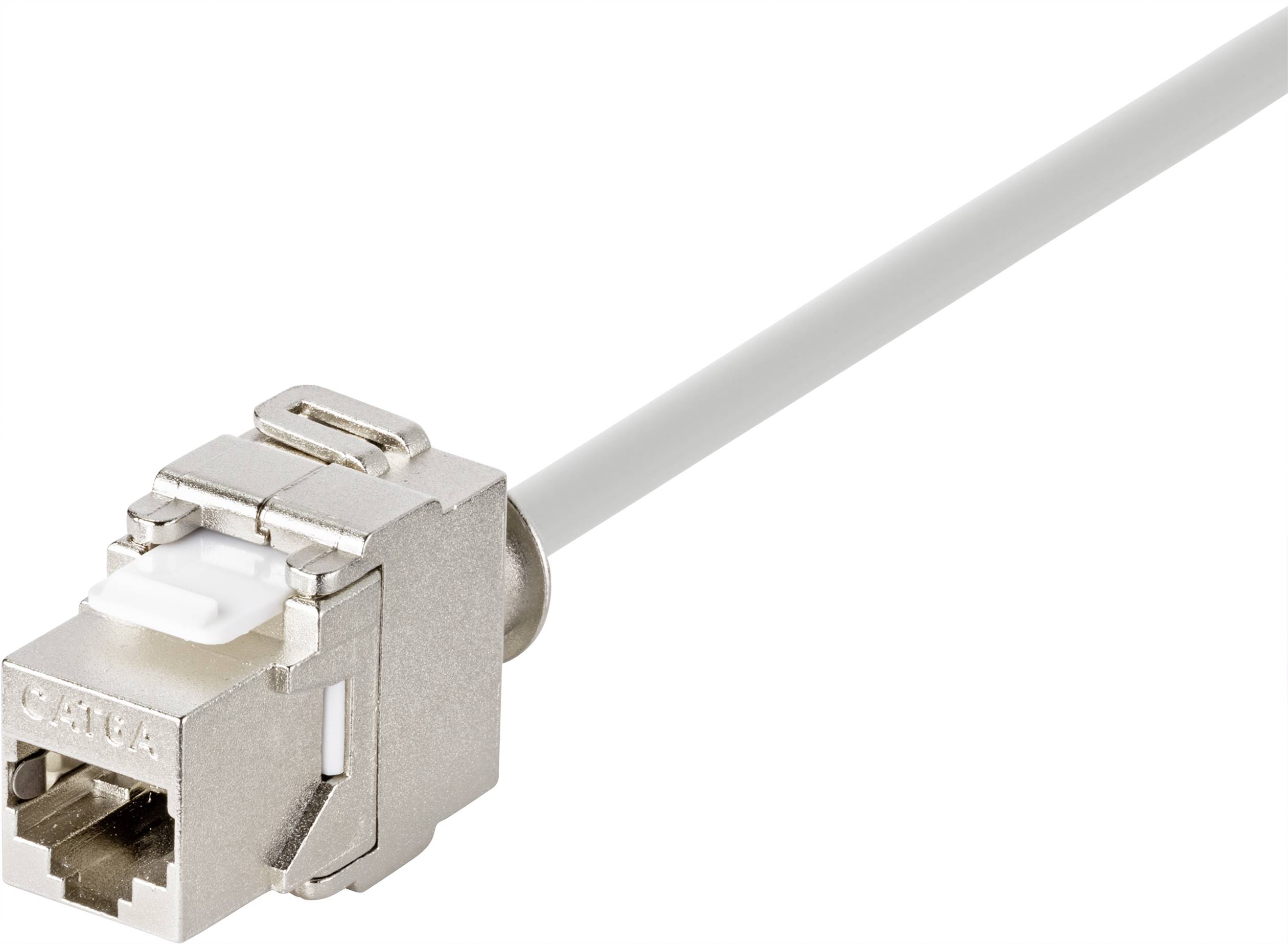 Złącze Keystone w metalowej obudowie przedstawia wtyk sieciowy RJ45, widok z boku.