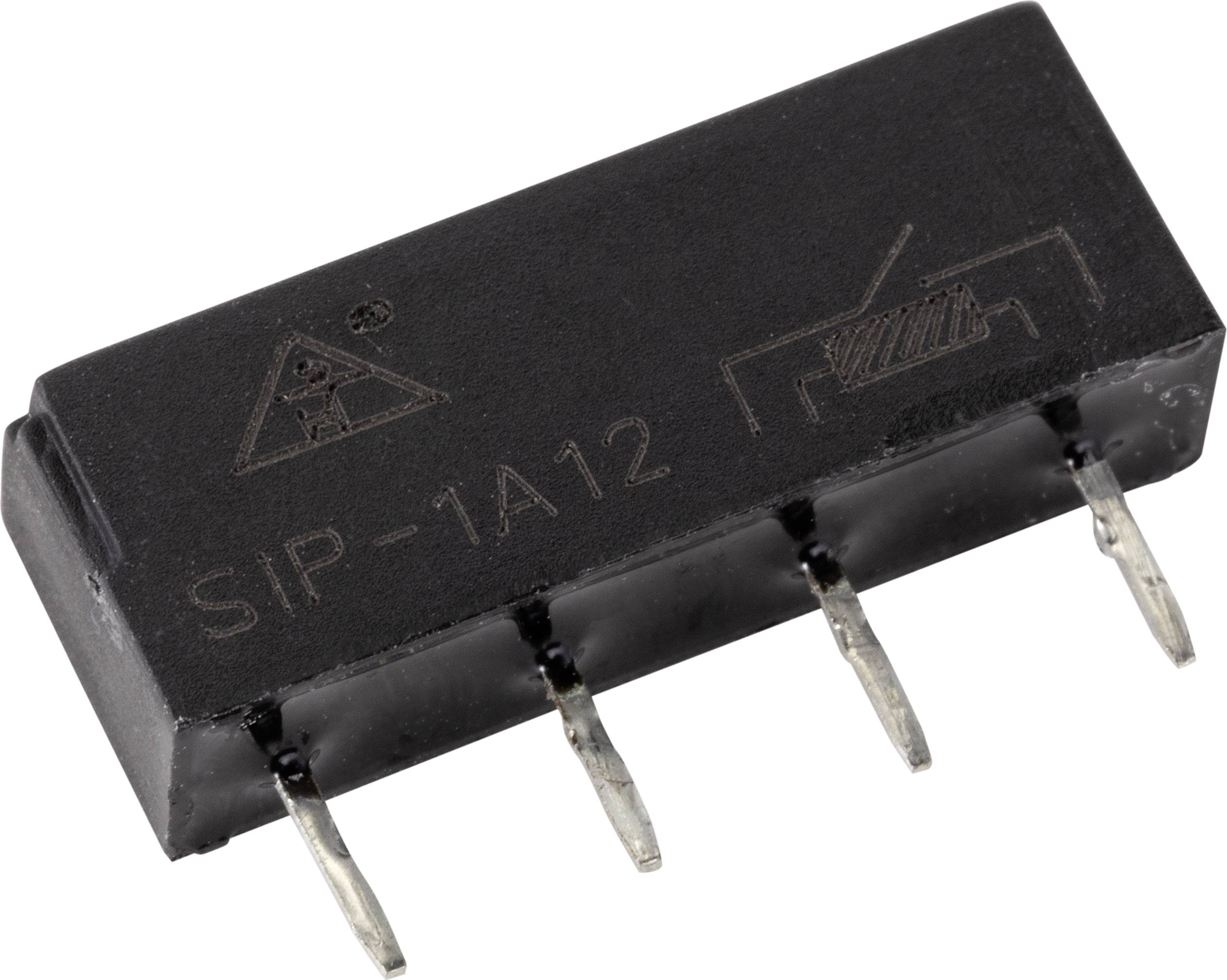 'Czarno-szary przekaźnik SIP-1A12 z czterema metalowymi stykami, tabliczką znamionową i symbolami funkcji elektrycznych.'