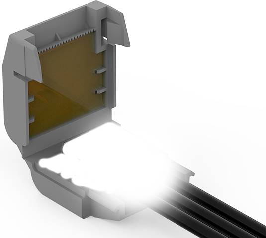 Wtyk HDMI, częściowo otwarty, ukazuje wewnętrzne połączenia i kilka przewodów podłączonych po prawej stronie.