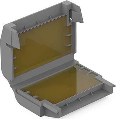 Szary, otwarty karton z brązową wewnętrzną stroną, prawdopodobnie rozwiązanie opakowaniowe.