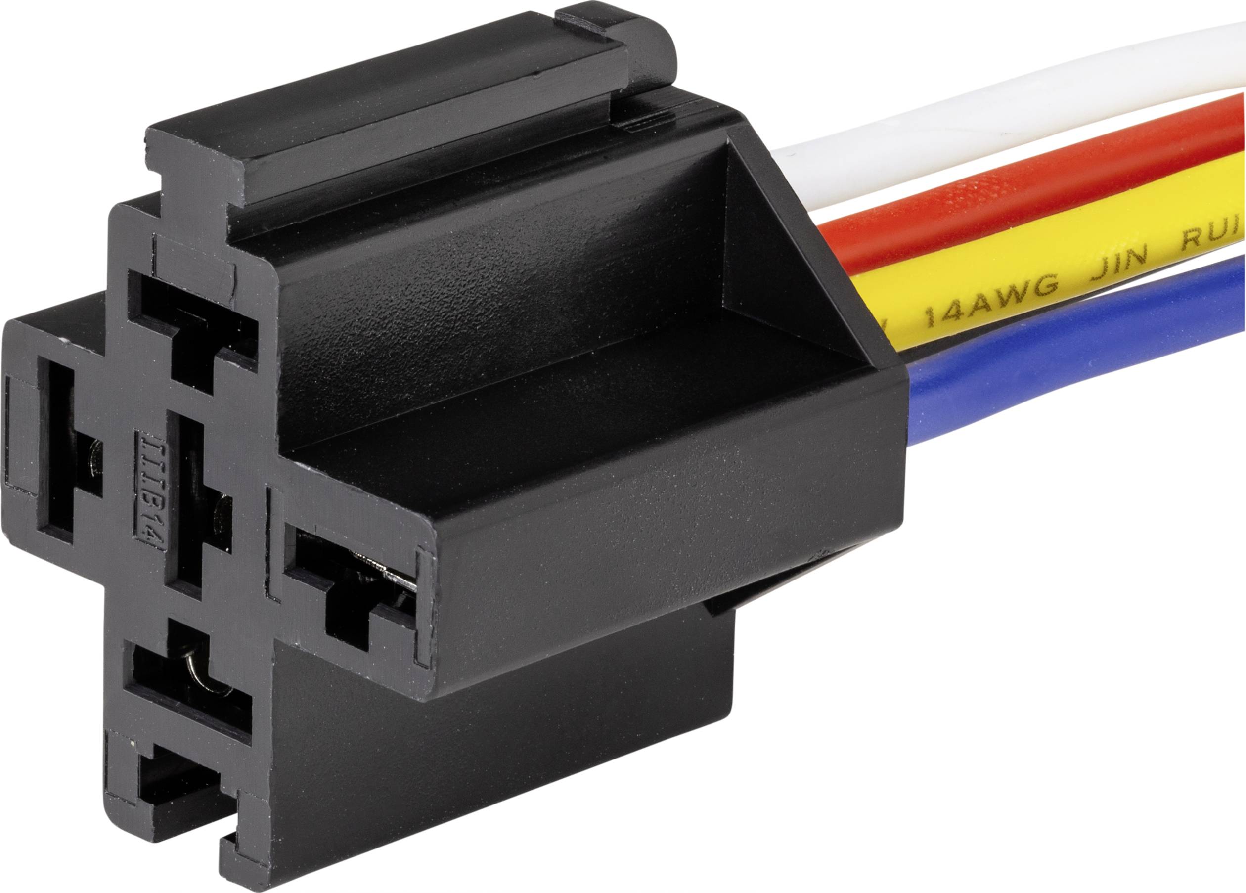 Czarny wtyk z tworzywa sztucznego z czterema kolorowymi przewodami: białym, czerwonym, niebieskim i żółtym. Odpowiedni do połączeń elektrycznych w pojazdach.