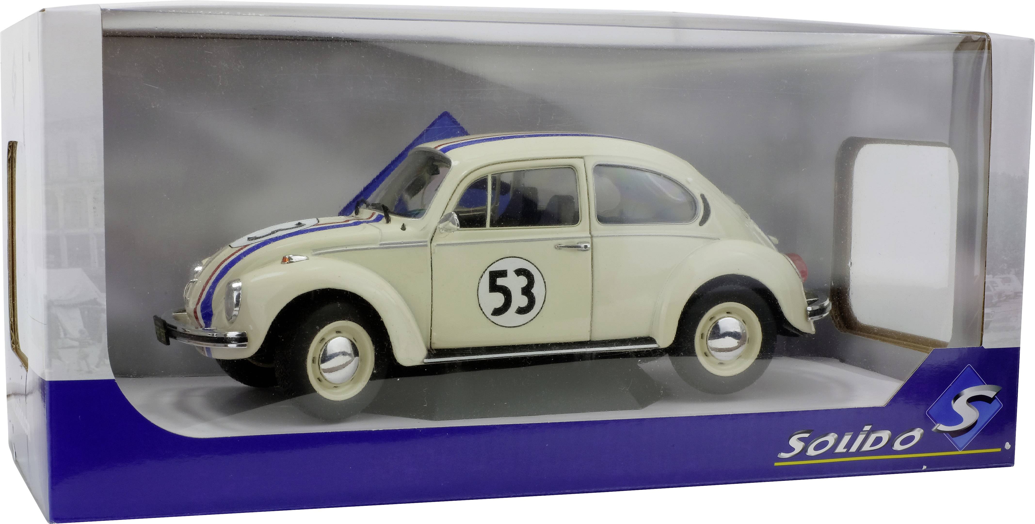 Miniaturowy model kremowego VW Garbusa o numerze 53 w niebieskim opakowaniu firmy Solido. Maska silnika lekko uniesiona.