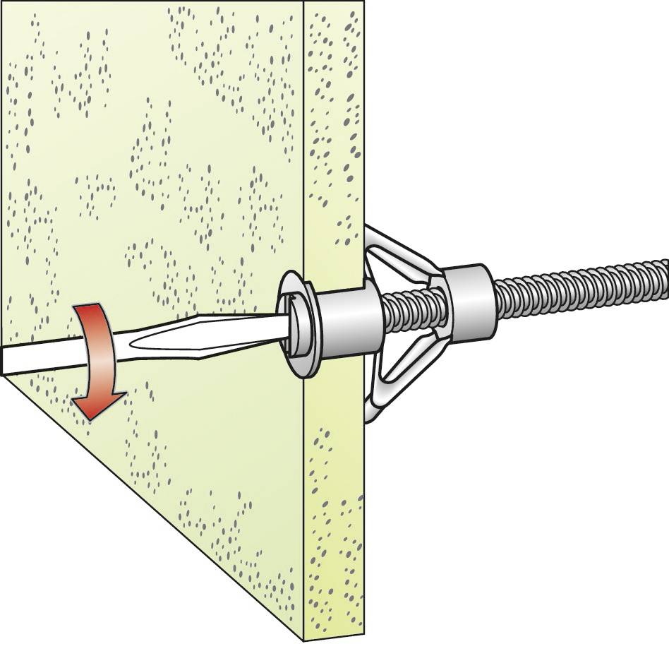 Ilustracja kołka mocowanego przez ścianę, ze strzałką pokazującą ruch obrotowy.