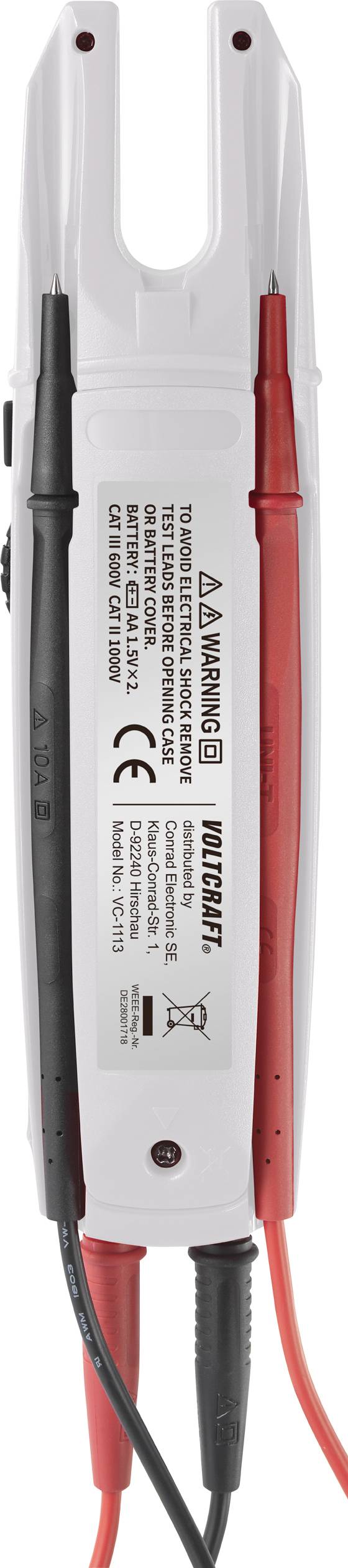 Białe elektryczne urządzenie pomiarowe z czerwoną i czarną sondą, z naniesionymi symbolami ostrzegawczymi i informacjami producenta.