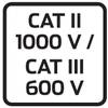 Kategoria pomiarowa II 1000 V / Kategoria pomiarowa III 600 V – oznaczenie bezpieczeństwa dla urządzeń elektrycznych, wskazujące granice napięcia i kategorii pomiarowej.