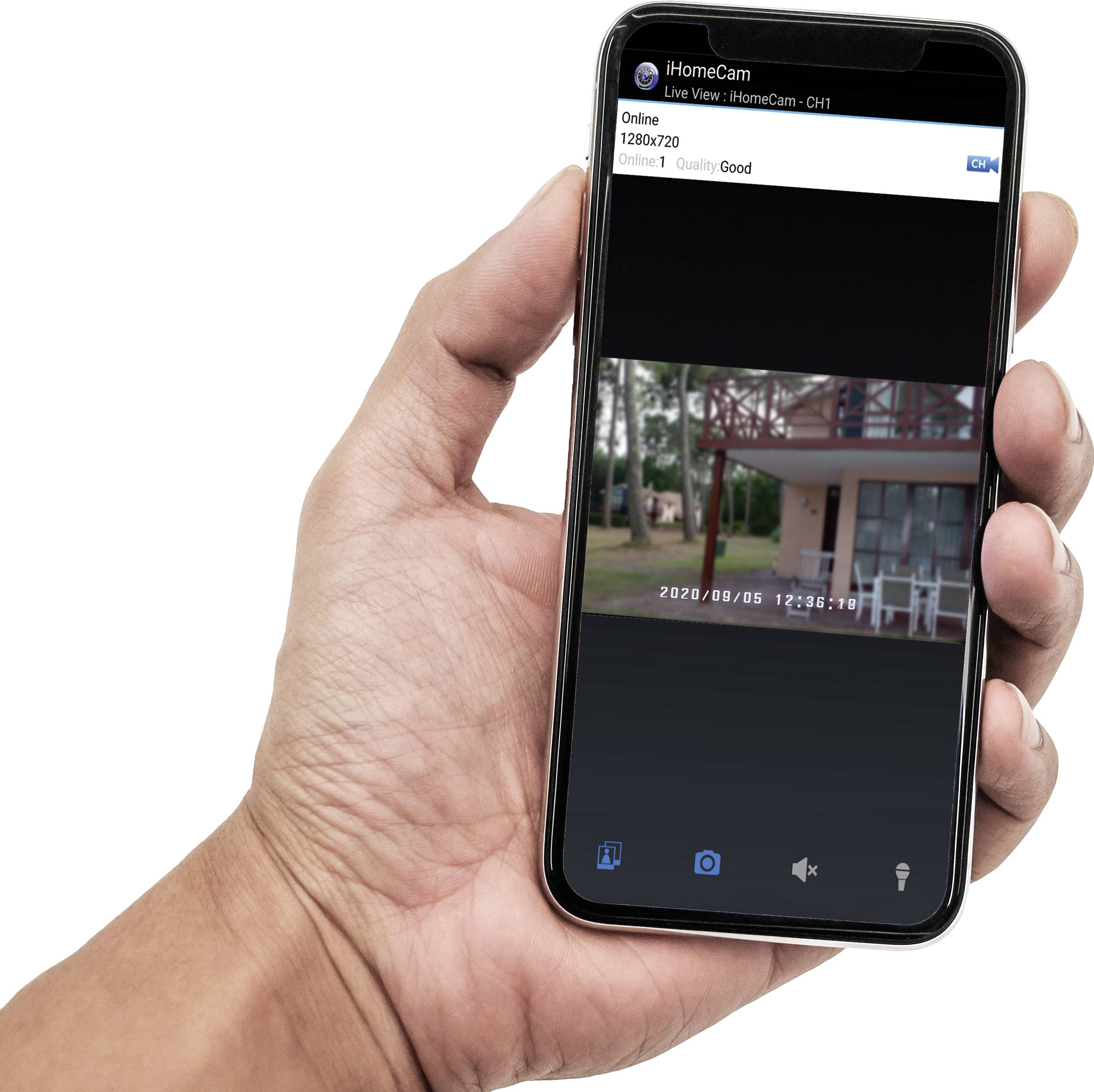 Jedna ręka trzyma smartfon wyświetlający ekran kamery monitoringu z datą '2020/09/05' i godziną. Na ekranie widać budynek.