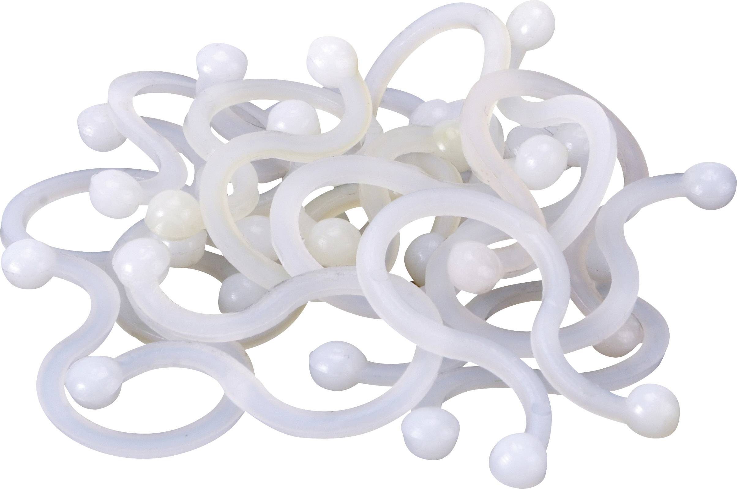 Stos białych silikonowych pętli z kulkami na końcach, które są splecione nawzajem.
