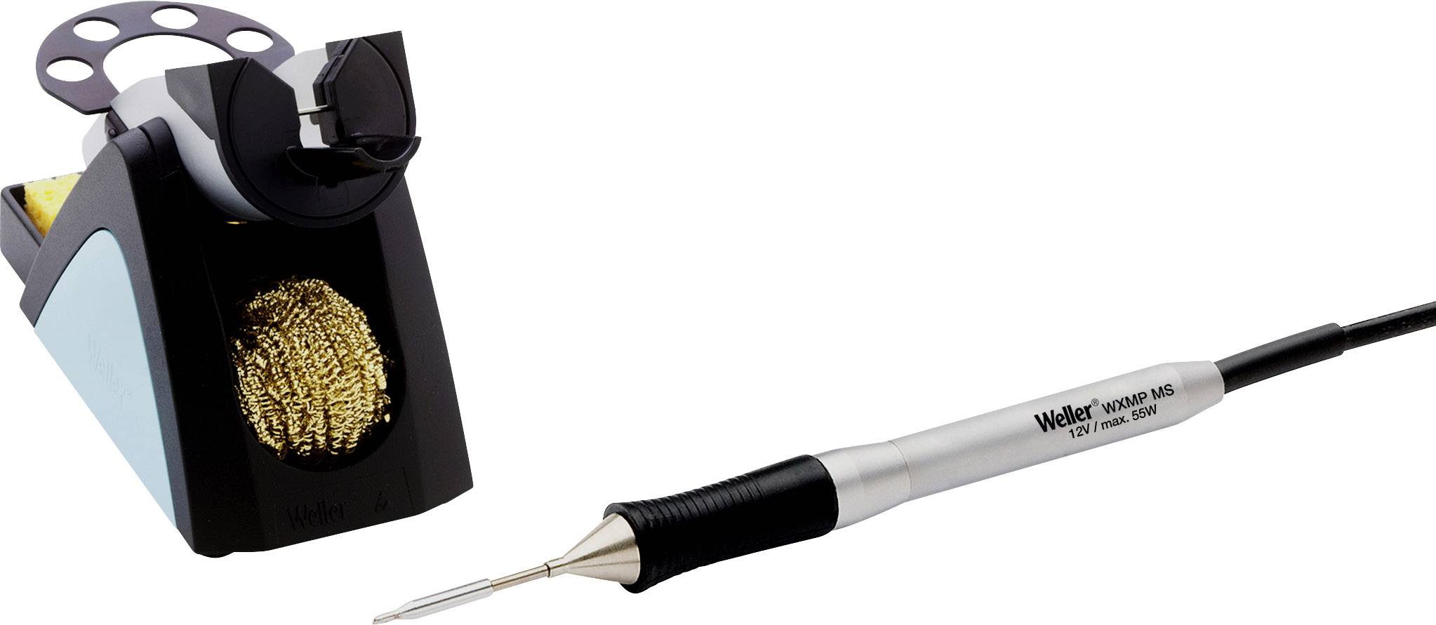 Lutownica z uchwytem odpornym na ciepło leży obok podstawki na lutownicę z złotą kulką czyszczącą.