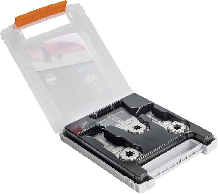 'Otwarte pudełko plastikowe z dwoma piłami i instrukcją w pokrywie.'