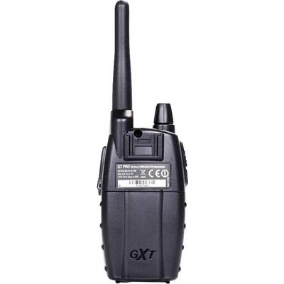 Ręczna krótkofalówka w czarnej obudowie z długą anteną, model 'G7 PRO'. Na dole umieszczono markę 'GXT'.