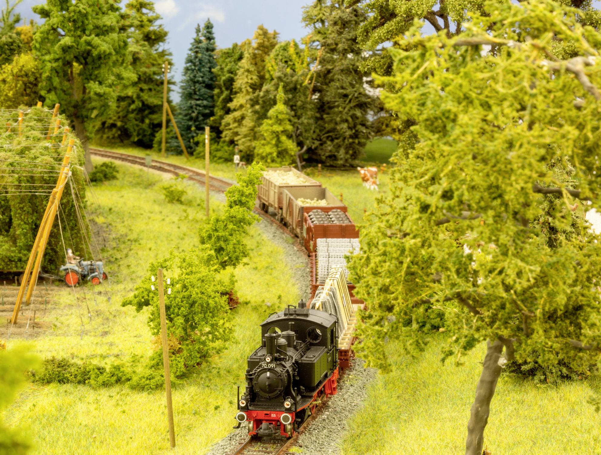 Miniaturowa lokomotywa ciągnie kilka wagonów przez zieloną krajobrazową makietę z drzewami i ogrodzonym terenem po prawej stronie obrazu.