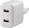 Biały zasilacz USB z dwoma portami do ładowania urządzeń elektronicznych.