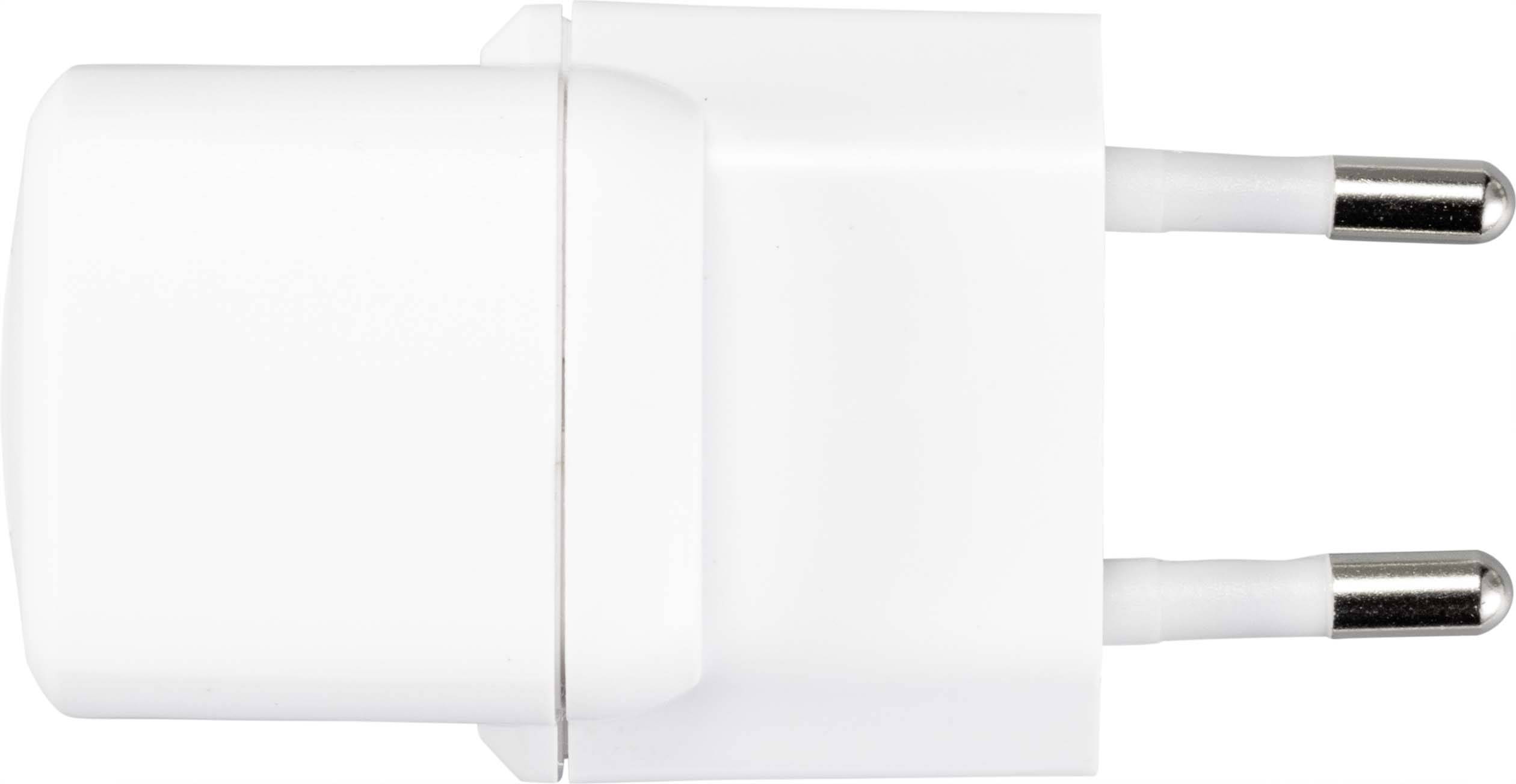 Białość ładowarki USB z dwoma wtyczkami w stylu wtyczki europejskiej, ułożonej poziomo.