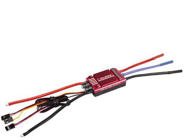 Elektroniczny regulator prędkości z czerwonymi i niebieskimi przewodami. Niezbędny element do sterowania modelami pojazdów.
