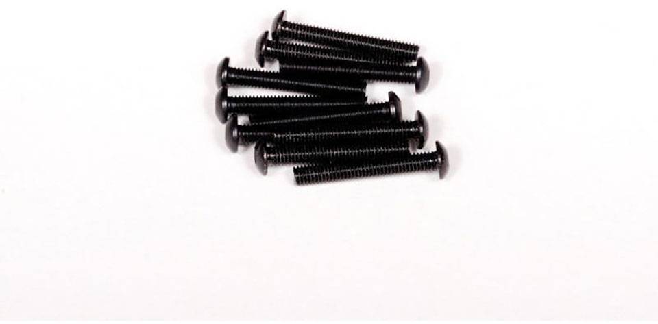 Kilka czarnych śrub z łbem kulistym leży w nieładzie na białej powierzchni.