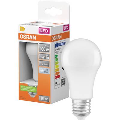 Żarówka LED OSRAM w opakowaniu, oznaczona jako odpowiednik 100W, 13W, 1521 lm, zimna biel, 15 lat, gniazdo E27.