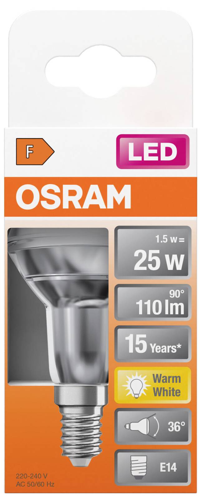 'Żarówka LED OSRAM, 1,5 W = 25 W, 110 lm, ciepłobiała, E14, 15 lat trwałości, kąt świecenia 36°, klasa energetyczna F.'