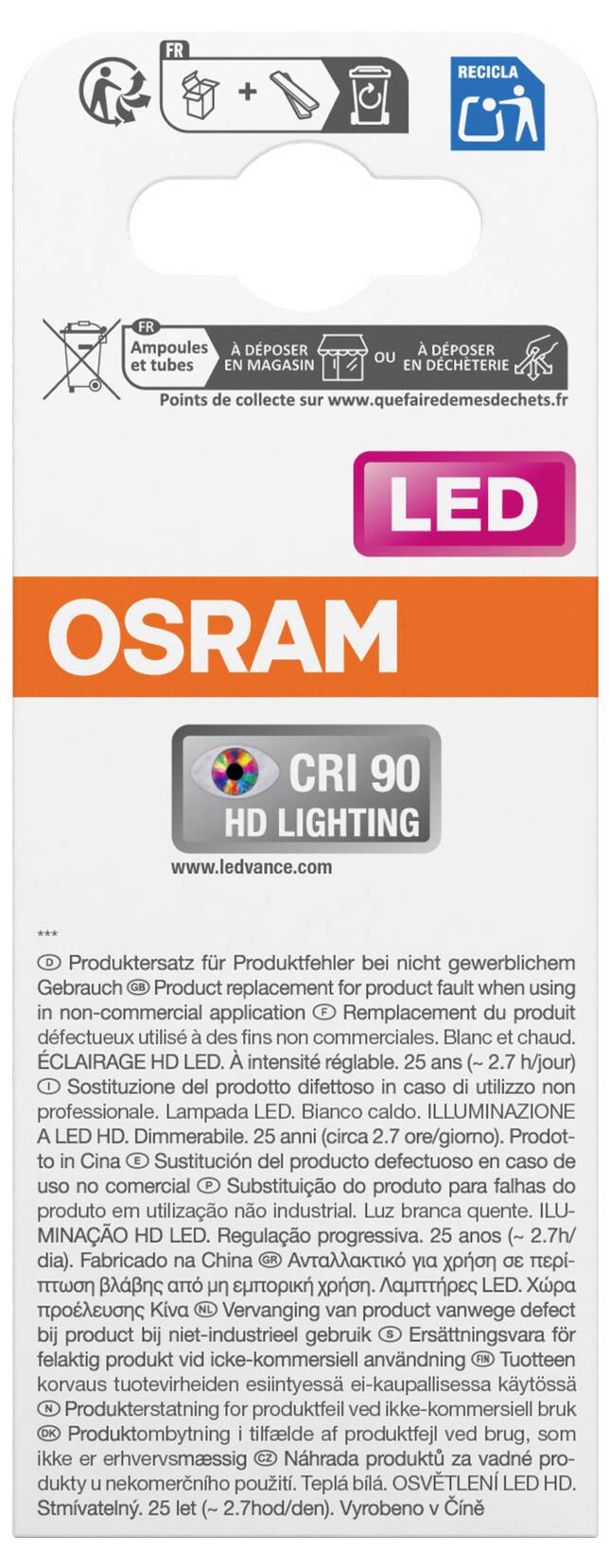 Tył opakowania lampy LED firmy Osram, przedstawiający wskazówki dotyczące utylizacji, informacje o produkcie, wartość CRI wynoszącą 90 oraz oświetlenie HD.