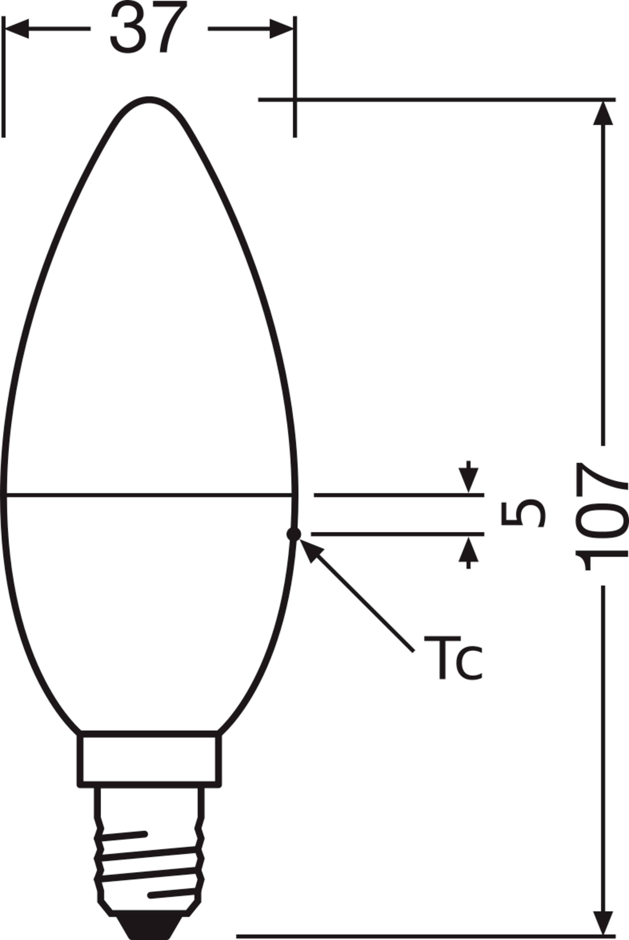 Żarówka w kształcie kropli o wymiarach: 37 mm szerokości, 107 mm wysokości. Oprawka E14, standardowy rozmiar kapturka TC wynoszący 5 mm.