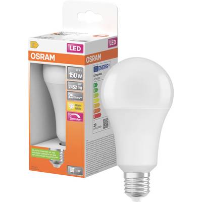 Żarówka LED OSRAM w opakowaniu, oznaczona 20W, odpowiednik 150W, 2452 lm, ciepła biel, ściemnialna, gniazdko E27.