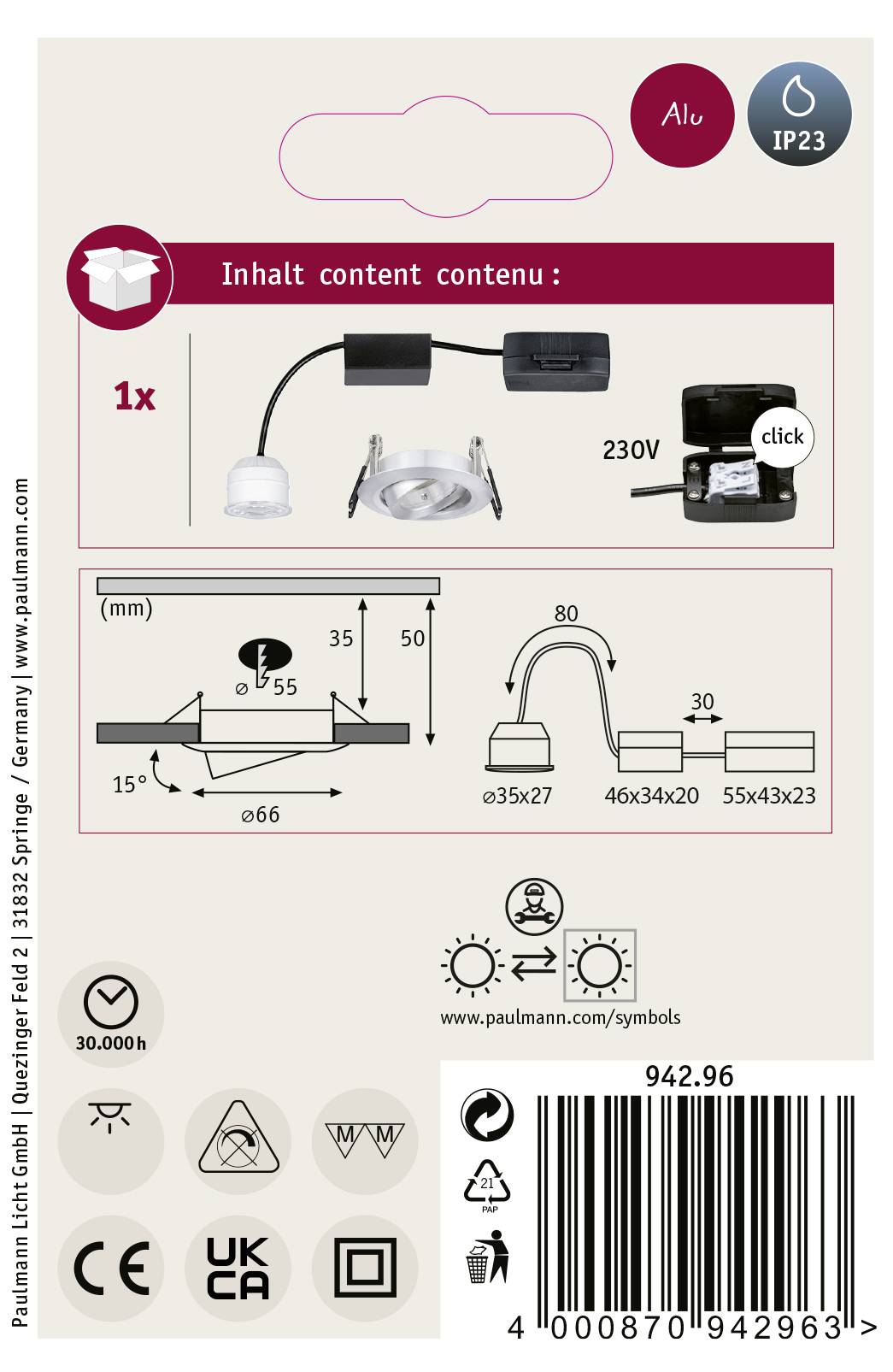 Reflektor montażowy 'Paulmann'. Zawartość opakowania: 1 lampa, 230V, IP23. Wymiary: 50x45mm. Symbole: Poziom ochrony IP23, efektywność energetyczna, różne certyfikacje.