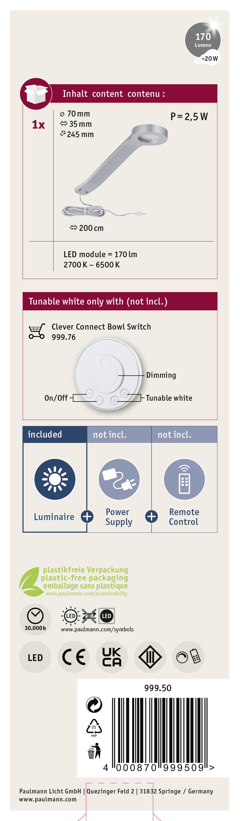 Lampa wewnętrzna LED, 3 tryby, sterowana wyłącznie pilotem. W zestawie moduł LED, uchwyt, śruby. Wymiary: 200 cm. Cena: 999,50 EUR.