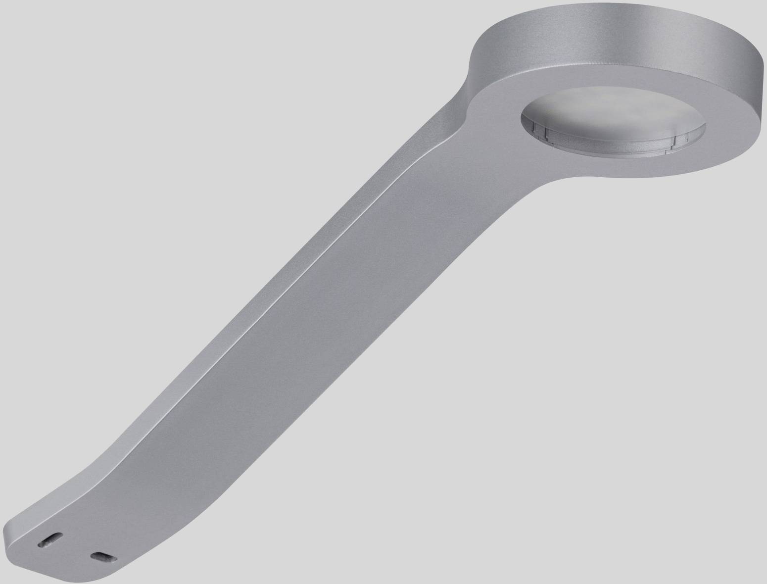 Nowoczesna, srebrna lampa sufitowa LED o gładkiej, wygiętej formie z okrągłym źródłem światła pośrodku.