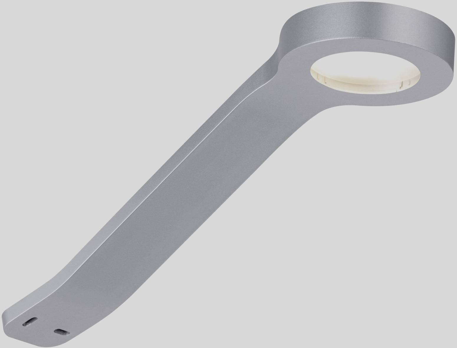 Metalowa lampa LED o nowoczesnym, zakrzywionym kształcie w kolorze srebrnym. Świeci w dół, idealna do precyzyjnego oświetlenia.