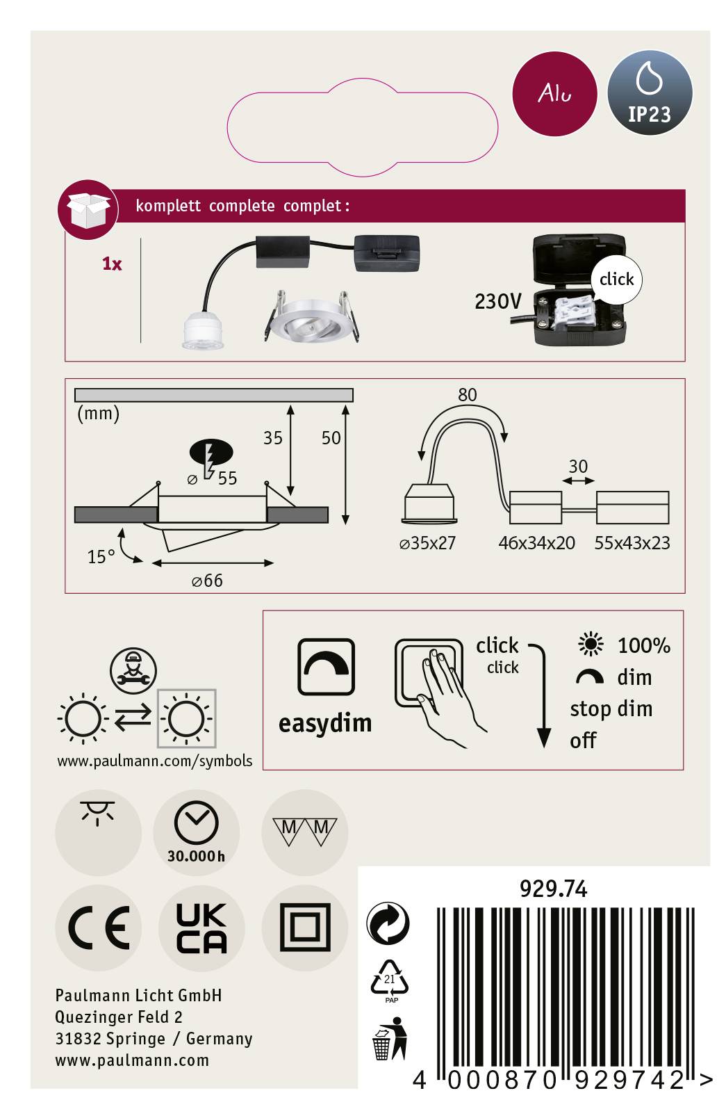 Zestaw z lampą LED i akcesoriami, 230V, łatwo ściemnialny. Zawiera instrukcję montażu z wymiarami i kodem QR do dodatkowych informacji.