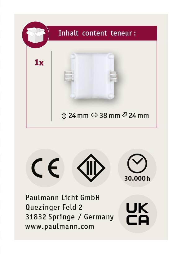 Zawartość: 1x Lampa LED o wymiarach 24x38x24 mm. Symbole: CE, podwójny kwadrat, '30.000h', UKCA. Producent: Paulmann Licht GmbH, Springe, Niemcy.