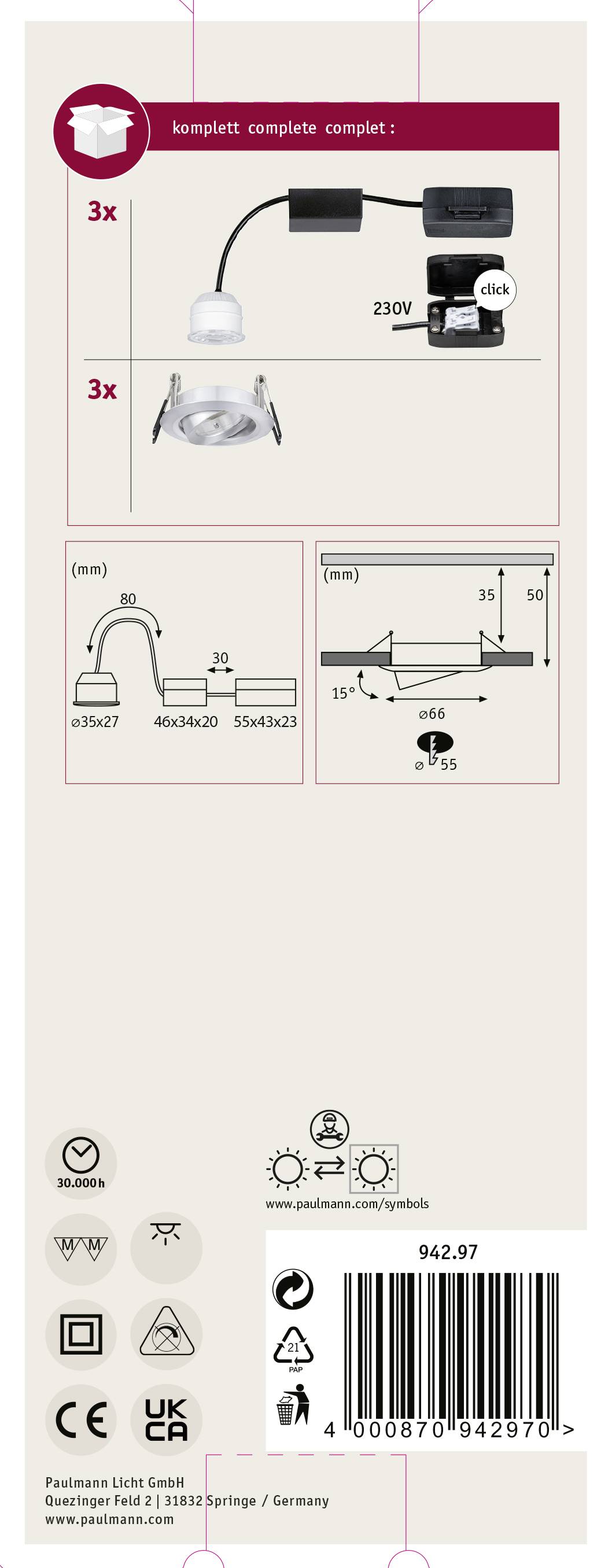 Zestaw 3 białych lamp wpuszczanych, 230V, włącznie z oprawką, wymiary: 73x90mm, głębokość montażu 105mm, z szablonem otworów, numer artykułu: 942.97.