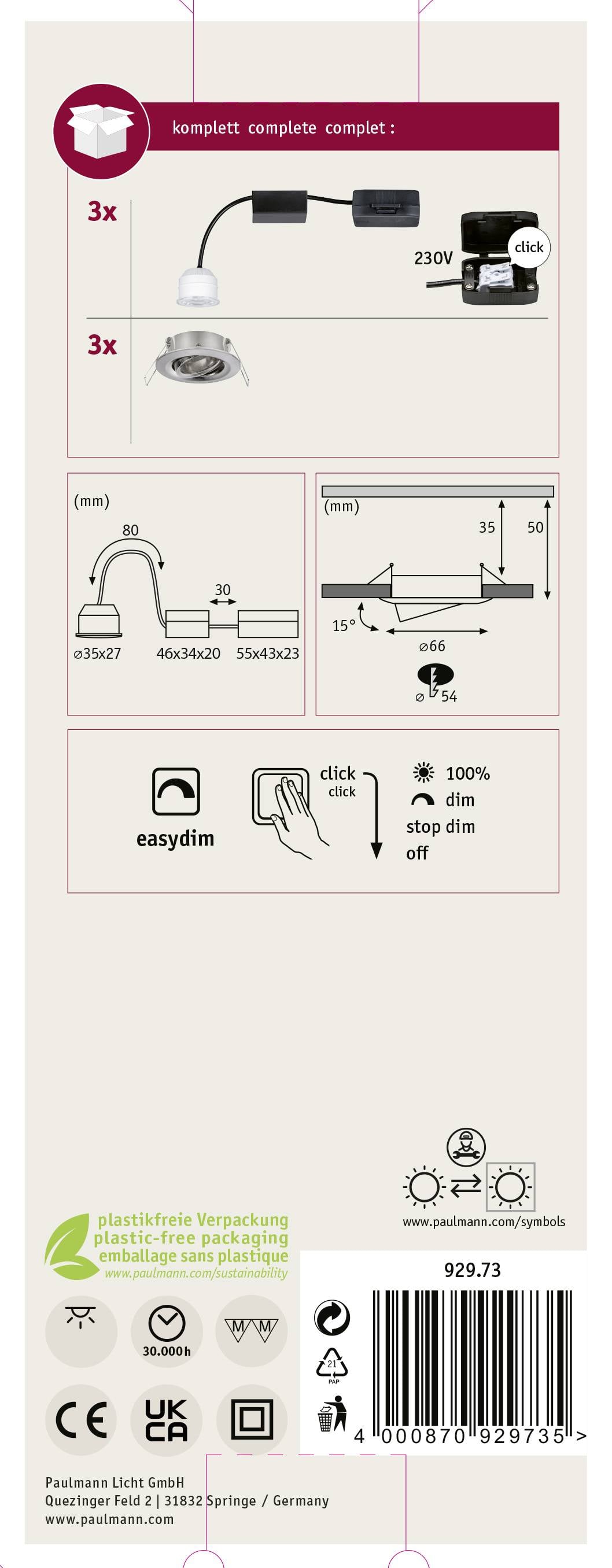 Opakowanie oprawki lampy zawiera: 3x oprawki GU10, transformator 230V, instrukcję montażu, instrukcję instalacji z piktogramami.