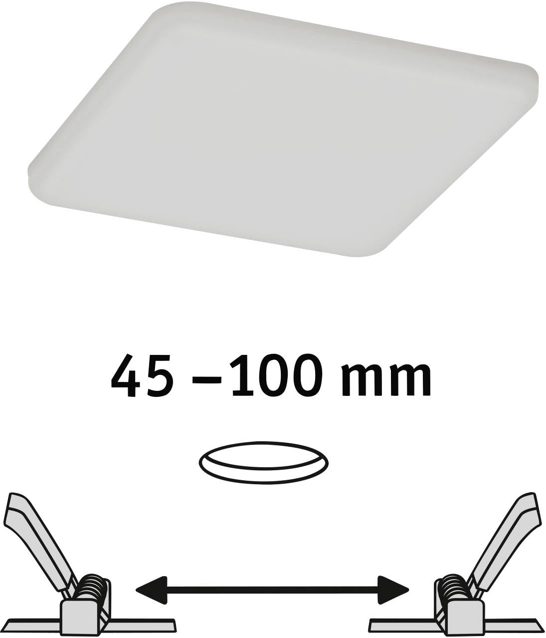 Kwadratowy panel sufitowy LED, głębokość montażu 45-100 mm, pomoc w montażu ze strzałkami i oznaczeniami wymiarów dla łatwej instalacji.