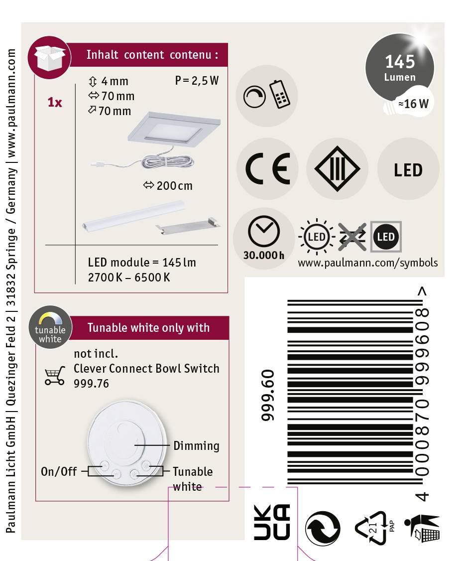 Moduł LED, 145 lumenów, 2,5W. Temperatura barwowa 2700-6500K. Nie zawiera: Przełącznika Bowl systemu Clever Connect. Możliwość ściemniania, włączania/wyłączania.