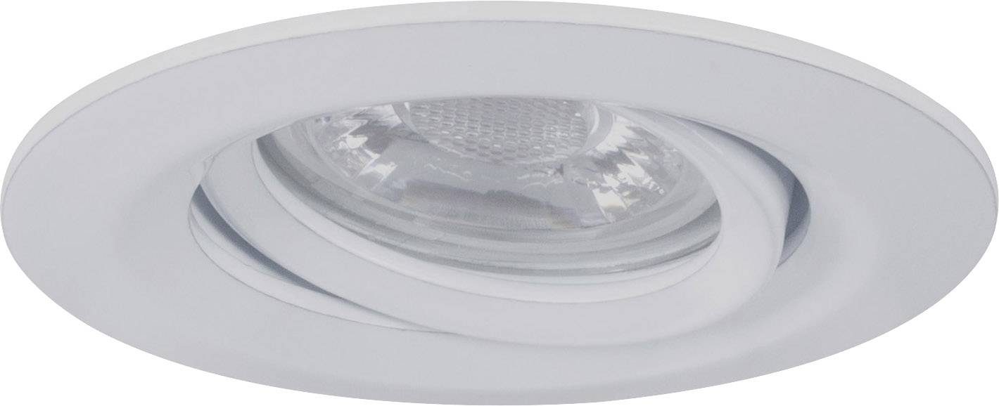 Wpuszczany reflektor LED w kolorze białym, o okrągłym kształcie z obrotową obudową, zapewnia kierunkowe oświetlenie do precyzyjnego doświetlenia wnętrz.