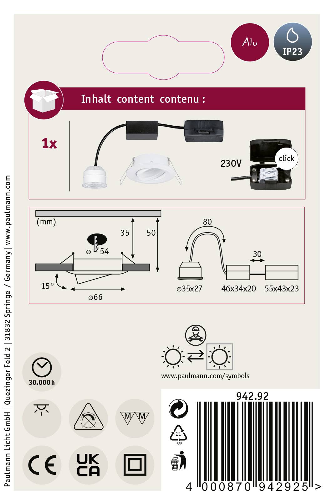 Opis systemu 'Paulmann Plug&Shine': Zestaw oświetlenia ogrodowego z ciepłobiałymi lampami LED, transformatorem, przewodami i elementami łączącymi. Wytrzymała konstrukcja, stopień ochrony IP23, przeznaczona do stosowania na zewnątrz.