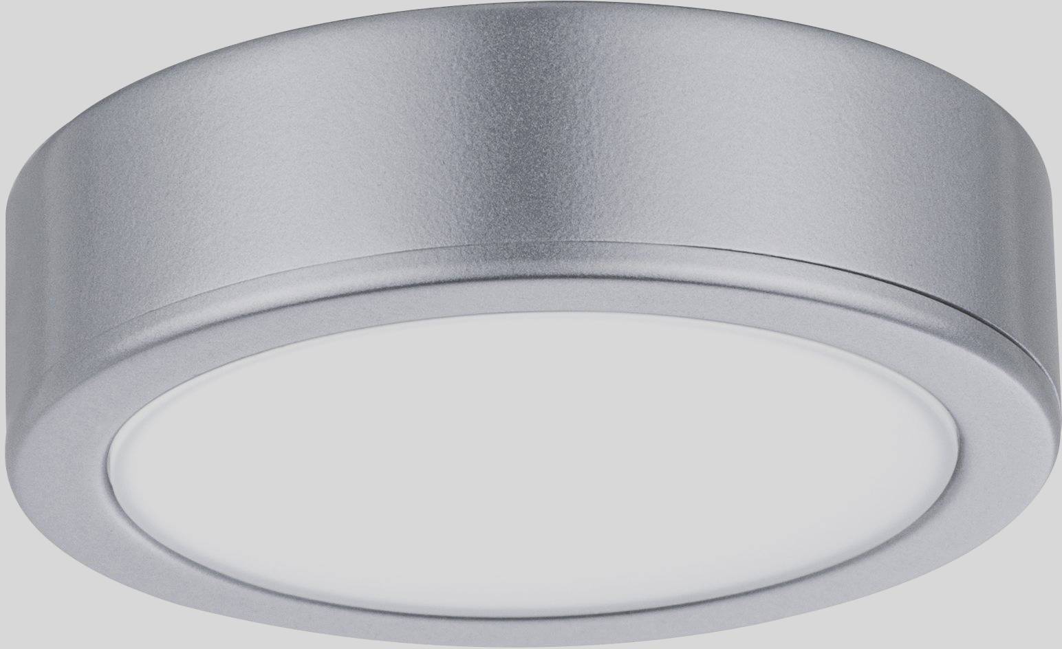 Okrągła, srebrna lampa sufitowa LED o nowoczesnym, minimalistycznym designie, idealna do wnętrz w stylu współczesnym.