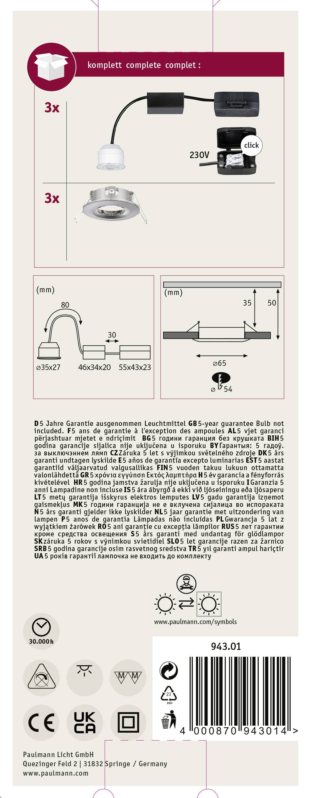 Ilustracja żarówki z adapterem LED i oprawką. Przedstawia 3 opakowania, specyfikacje techniczne oraz instrukcję montażu.