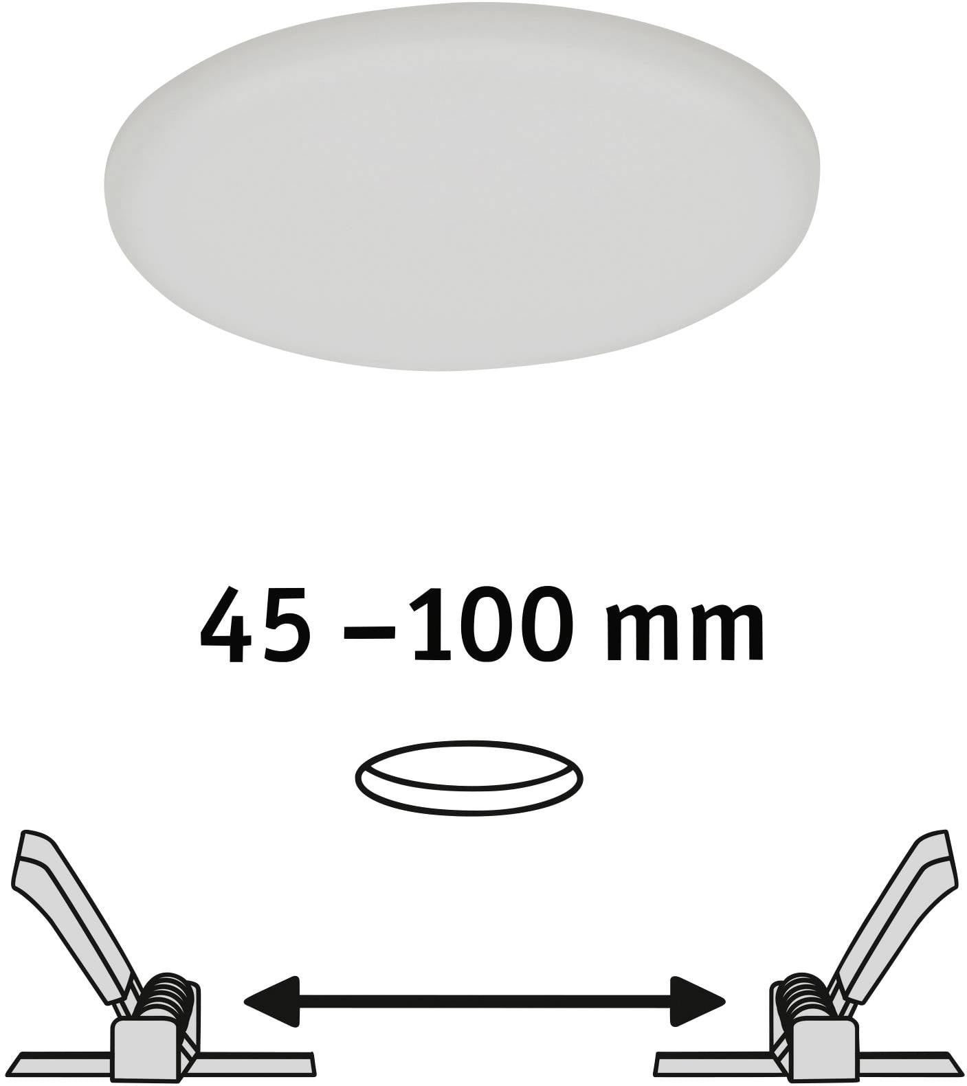 Lampa sufitowa, okrągła, o średnicy 45–100 mm. Rysunek przedstawia metodę mocowania za pomocą rozprężnych klamer.