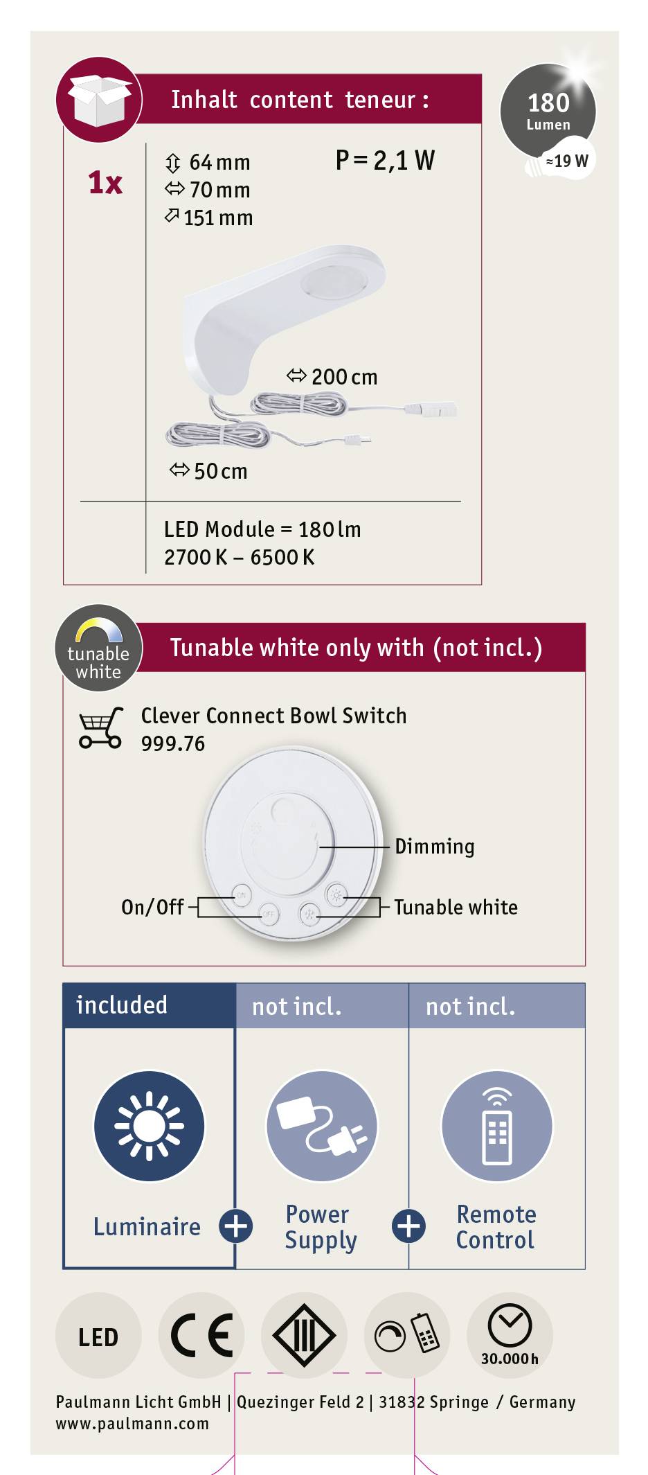 'Lampa LED Paulmann, 2,1W, 180 lumenów, ściemnialna. Nie zawiera zasilacza ani pilota.'