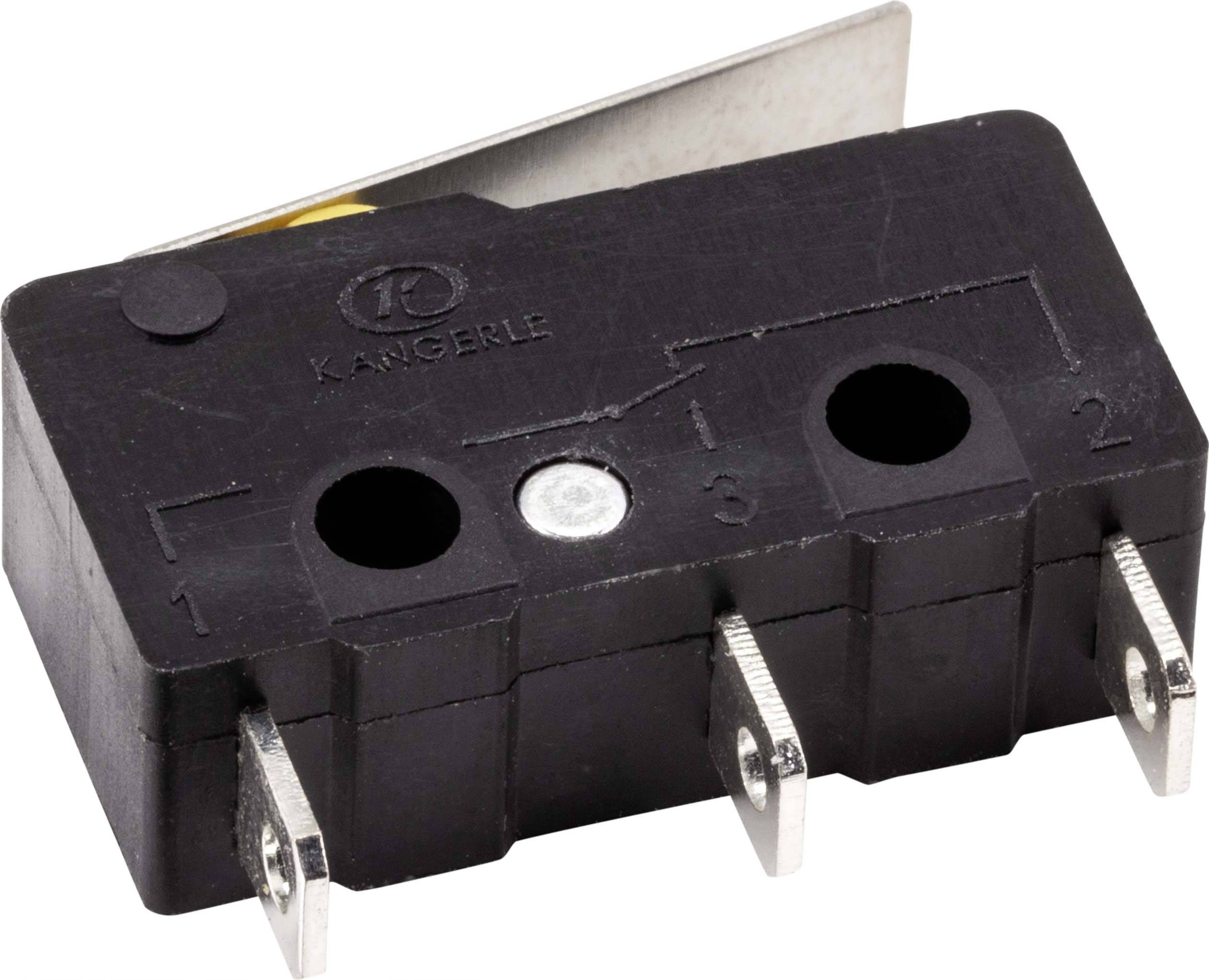 'Czarny mikroprzełącznik z trzema metalowymi stykami i metalową sprężyną. Na powierzchni znajduje się logo i nazwa Kangerle.'