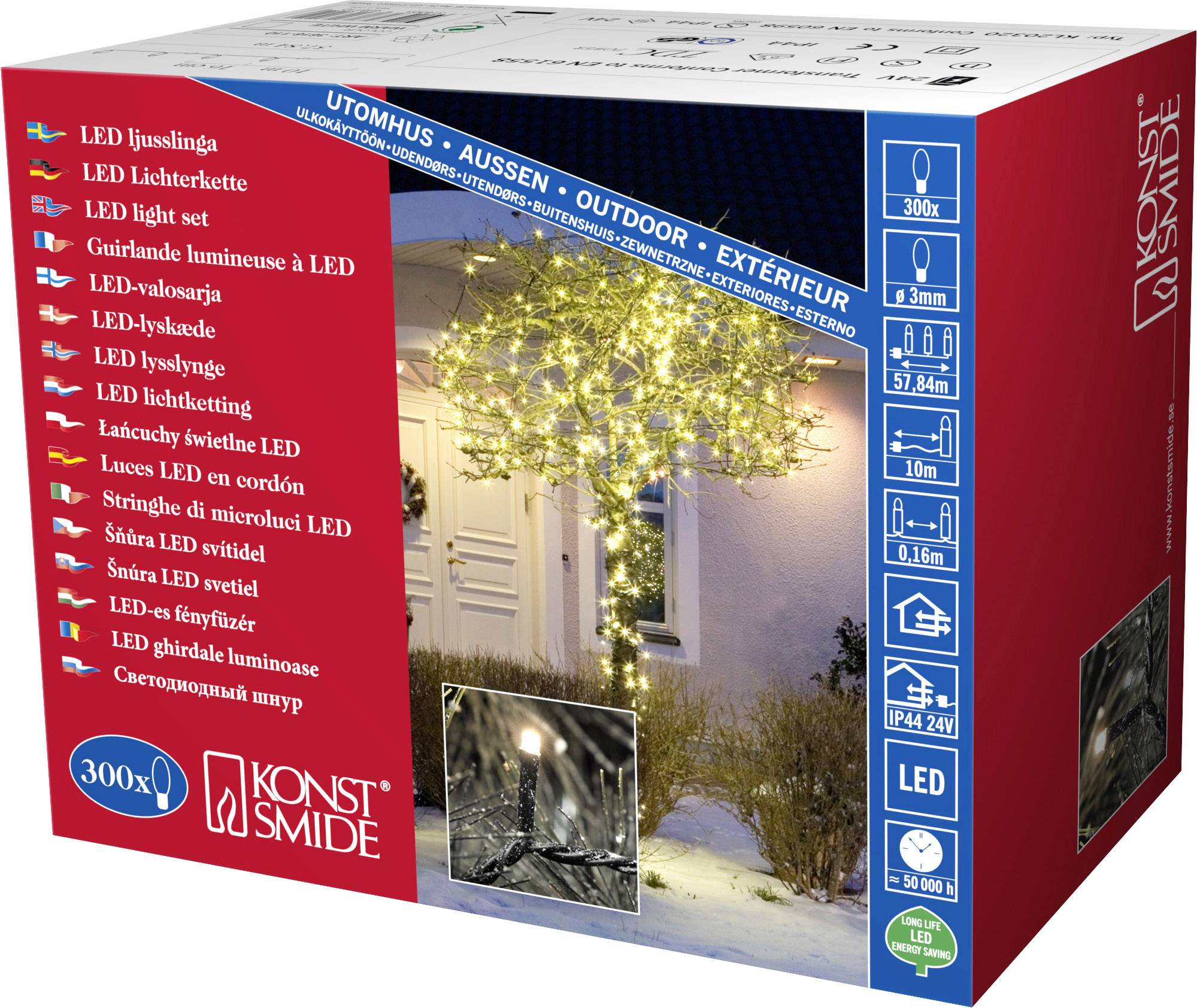 Lampki LED Konstsmide do użytku zewnętrznego, ciepłe białe światło, 300 lampek, energooszczędne, odporne na warunki atmosferyczne, certyfikat IP44.